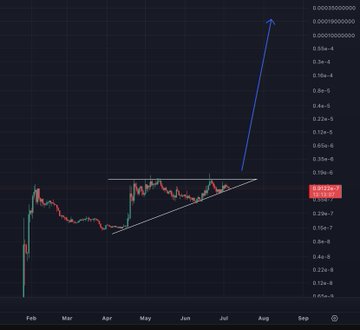 A financial chart showing a candlestick pattern with a triangular consolidation formation from February to July, followed by a sharp upward breakout arrow pointing to extremely high values (around 0.00035), visually supporting the bullish claim that the $WOJAK ticker will rise significantly higher.