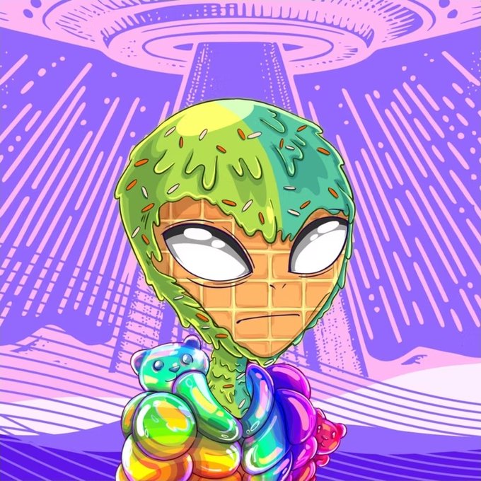 Colorful cartoon illustration of a humanoid figure with a melting green ice cream-sprinkled waffle cone head, standing before a purple UFO beaming light down onto its rainbow-glossy body.