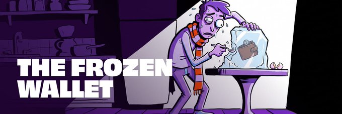 A cartoon illustration titled 'THE FROZEN WALLET' showing a worried purple character in a scarf staring at a frozen wallet inside a block of ice.