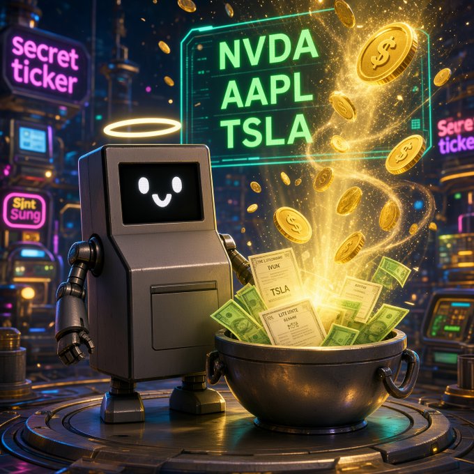 A cartoonish robot with a glowing smile stands beside a cauldron overflowing with cash and stocks labeled "NVDA," "AAPL," and "TSLA," while golden coins swirl magically above. The image ties the post's "coolest thing in crypto" sentiment to a whimsical scene of automated trading amassing wealth from major tech stocks and digital currency.