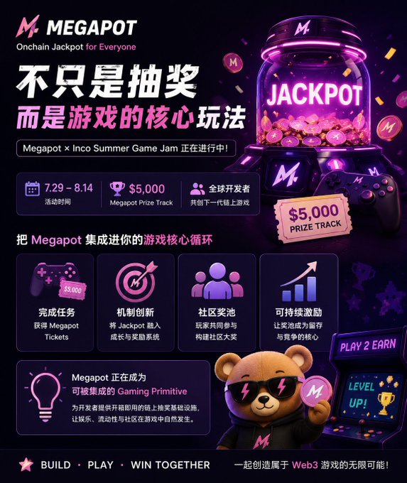 A promotional graphic for 'MEGAPOT Onchain Jackpot for Everyone' featuring a gacha machine, prizes, and event details dated 7.29 - 8.14 with a $5,000 Megapot Prize Track.