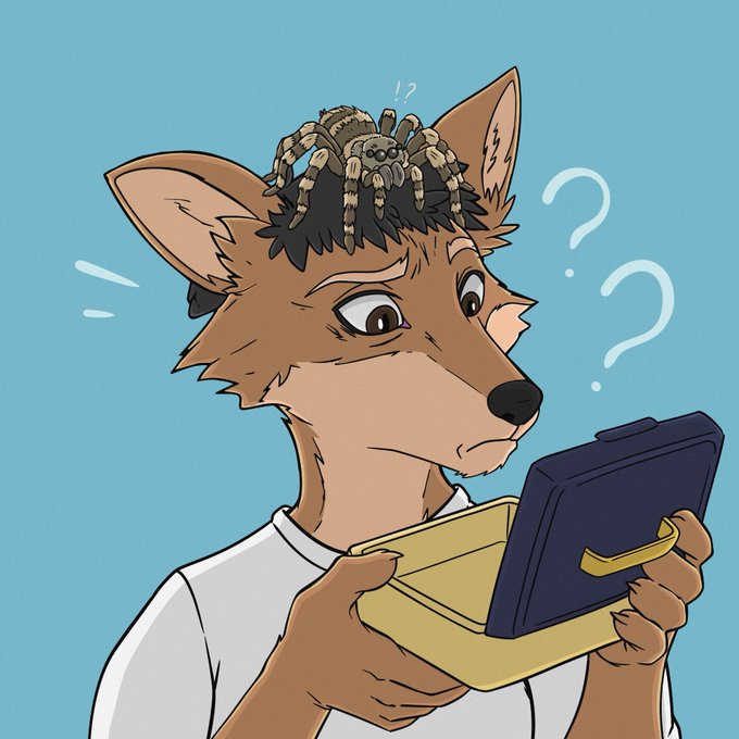 A digital illustration of an anthropomorphic canine character with a large tarantula on its head, looking confused while holding a yellow Nintendo DS console, with question marks floating nearby.