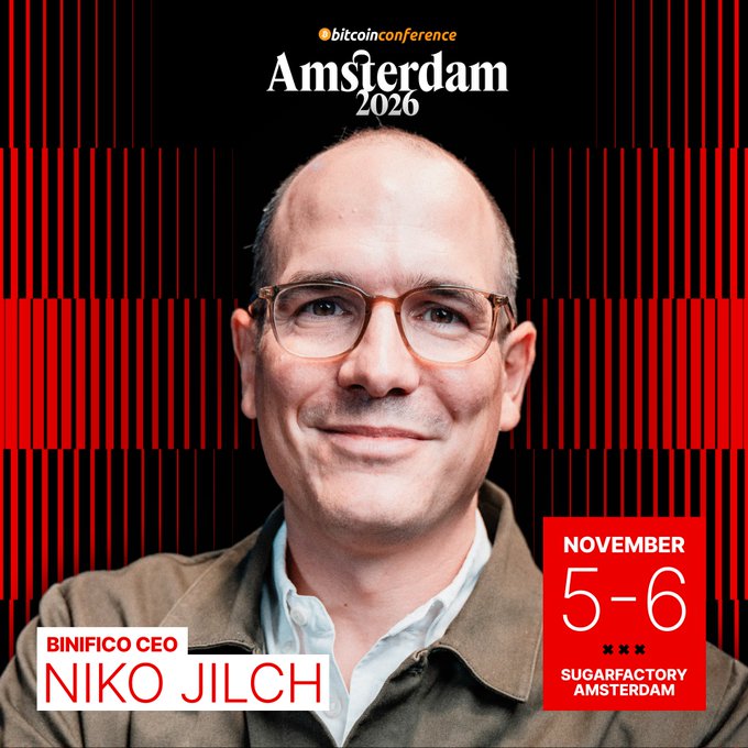 Promotional poster for the Bitcoin Conference Amsterdam 2026 featuring a portrait of Binifico CEO Niko Jilch, taking place November 5-6 at Sugarfactory Amsterdam.