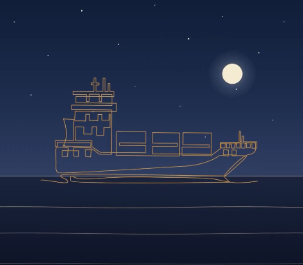 A stylized digital illustration of a cargo ship at sea, depicted with glowing orange outlines against a dark blue night sky featuring a full moon and stars.