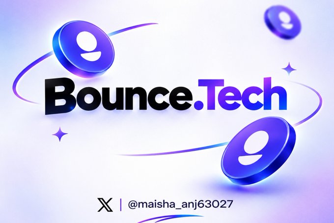 A promotional graphic displays 'Bounce.Tech' in bold black and purple text, accompanied by floating purple coin icons and the X handle '@maisha_anj63027'.