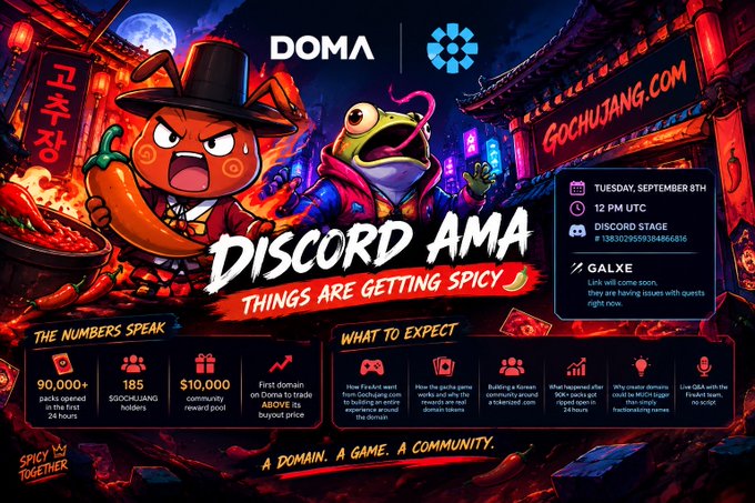 A vibrant promotional banner for a DOMA Discord AMA event scheduled for Tuesday, September 8th at 12 PM UTC on the Discord stage, themed 'Things Are Getting Spicy' with Korean food imagery and stats like 90,000+ packs.