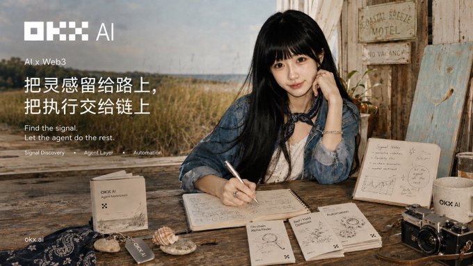 An OKX AI x Web3 advertisement shows a young woman sketching at a wooden table with papers labeled 'Alpha Finder' and 'Self-Expression', accompanied by the text 'Find the signal. Let the agent do the rest.'