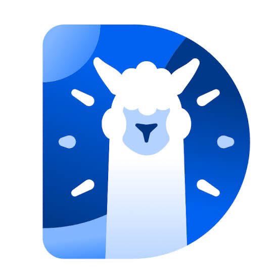 A blue app icon featuring a stylized white llama head with a fluffy topknot against a blue background with radial design elements.