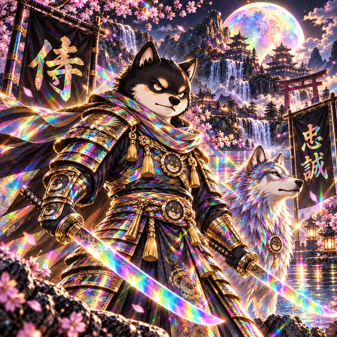 A vibrant digital illustration features a black and white wolf-like samurai in ornate holographic armor wielding a glowing sword, accompanied by a smaller wolf, with banners displaying Asian characters in a fantasy landscape.