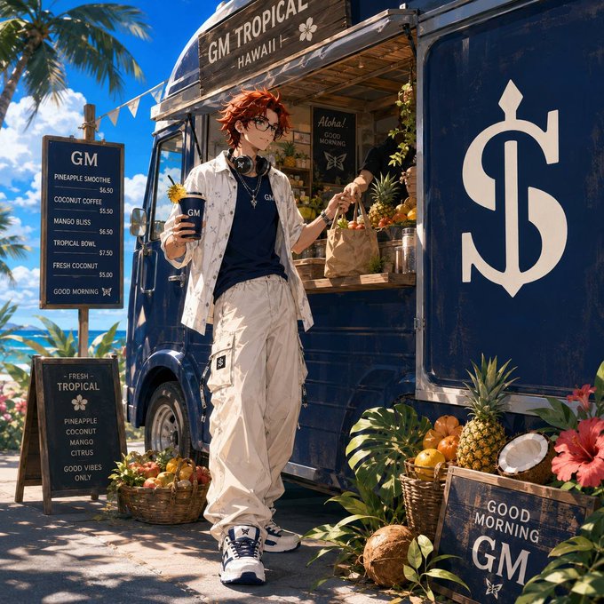 An anime-style illustration of a red-haired man holding a 'GM' drink next to a blue tropical smoothie truck decorated with pineapples and coconuts under a bright blue sky.