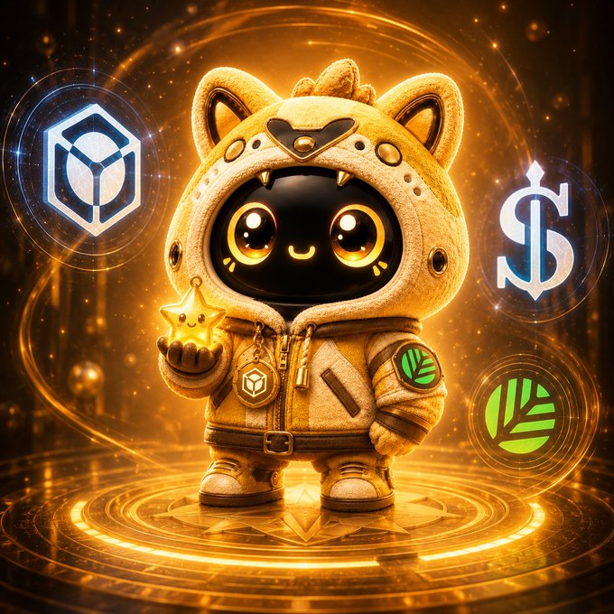 A digital illustration of a cute black cat character in a yellow hoodie with cat ears, holding a small star, surrounded by glowing cryptocurrency symbols and an ornate golden background.