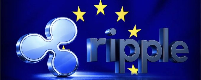 A graphic showing the Ripple (XRP) logo in 3D blue text alongside its symbol, set against the European Union flag background.