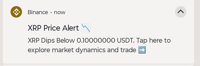 A Binance price alert notification shows that XRP has dipped below 0.100000000 USDT, with a prompt to explore market dynamics and trade. The sudden price drop below a key support level would explain the heart-stopping moment described in the post.