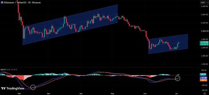 A TradingView chart of Ethereum / TetherUS (ETHUSDT) on Binance daily timeframe showing a descending channel pattern with MACD indicator below, highlighting a current price of 1,794.40 USDT.