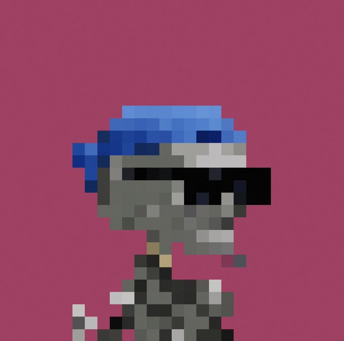 A pixel art rendering of a robotic figure with blue hair-like features and a dark visor against a magenta background, likely representing a stylized "Argonaut" character that ties into the post's discussion of the @lphaCentauriKid NFT mint.
