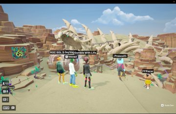 Another screenshot from the same video game, showing several player avatars standing near a large skeletal structure in the desert landscape.