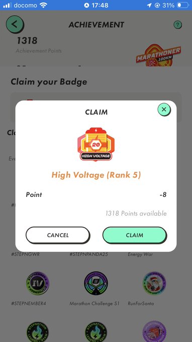 A mobile app screenshot showing an 'ACHIEVEMENT' screen claiming a 'High Voltage (Rank 5)' badge that costs 8 points, with 1318 achievement points available.