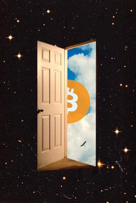 A surreal image showing an open white door against a starry cosmic background, revealing a bright blue sky with clouds and an orange circle featuring a Bitcoin symbol, with a small bird flying nearby.
