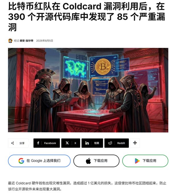 A Chinese news article about Bitcoin Red Team discovering 85 critical vulnerabilities in 390 open-source repositories after the Coldcard vulnerability, dated August 5, 2026, featuring an illustration of hooded figures with Bitcoin imagery.