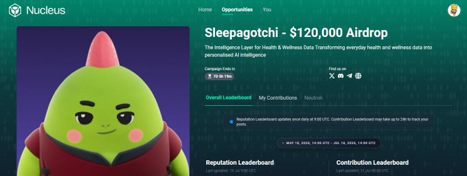A webpage for 'Nucleus' displays a 3D animated green avocado-like character in a red shirt, promoting a 'Sleepagotchi - $120,000 Airdrop' for an AI Health & Wellness Data platform.