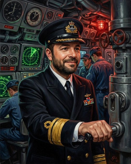 A digital painting of a bearded naval officer in uniform standing confidently in front of radar screens and control panels, with crew members working in the background.