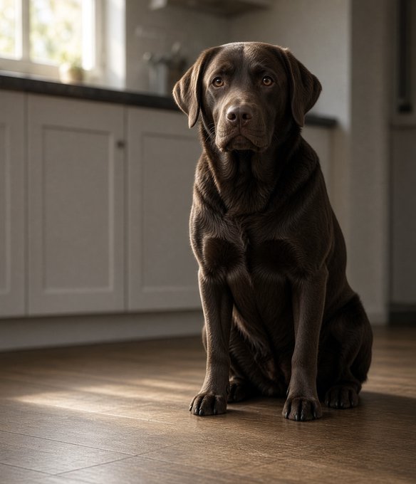 A chocolate brown Labrador Retriever sits attentively on a wooden floor in a modern kitchen with white cabinetry.