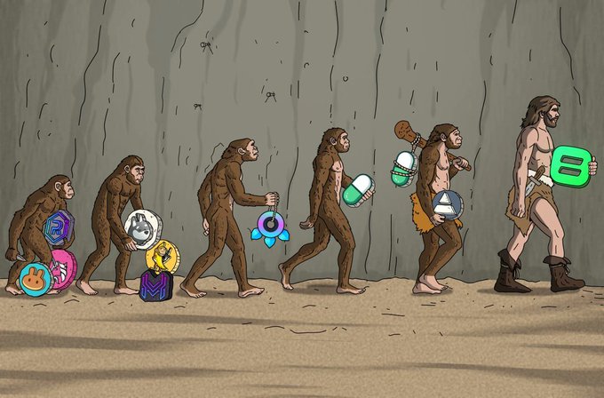 This image depicts the evolution of man, from ape-like creatures to a modern human, each carrying a different cryptocurrency coin or token, symbolizing the progression of the crypto space and its different launch strategies. The final human figure, carrying a green "E" token, represents the "pve" launch mentioned in the post.