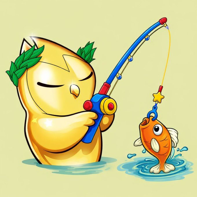 A cute cartoon illustration of a yellow chick with a green leaf wreath on its head, holding a fishing rod and catching an orange fish from rippling water, set against a soft yellow background.