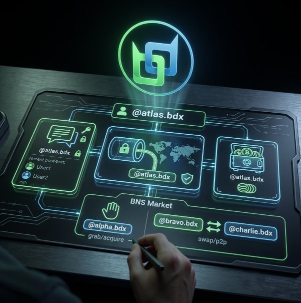 A futuristic holographic interface displays the BNS Market platform, featuring the @atlas.bdx digital identity alongside options to grab/acquire @alpha.bdx and swap/p2p with @bravo.bdx and @charlie.bdx. The glowing teal and green UI illustrates the decentralized marketplace for trading .bdx names directly peer-to-peer, with no middlemen involved.