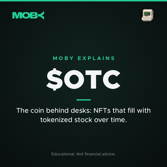A dark green branded graphic from "MOBX" featuring the title "MOBY EXPLAINS $OTC" in bold white text, with the subtitle "The coin behind desks: NFTs that fill with tokenized stock over time," and a disclaimer noting "Educational. Not financial advice," serving as a cover illustration for an article explaining the $OTC token referenced in the accompanying post.