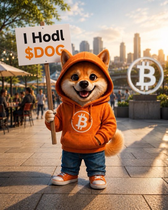 A 3D render of a cute Shiba Inu dog wearing an orange Bitcoin-themed hoodie, holding a sign that reads 'I Hodl $DOG' in an outdoor plaza setting.