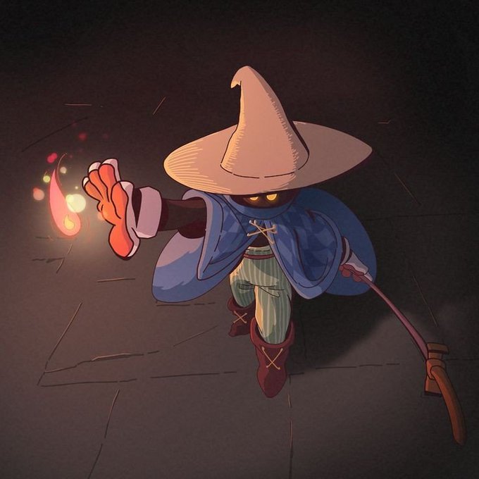 An illustrated character wearing a pointed hat, blue cape, and striped pants casts a spell with a glowing hand while holding a staff.