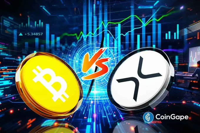 The image displays a Bitcoin (BTC) coin and XRP logo facing off in a "VS" style graphic against a backdrop of stock charts and market data, with a visible "+5.34857" indicator and the CoinGape watermark, symbolizing the competitive landscape where XRP ETFs are gaining fresh inflows while Bitcoin and Ethereum ETFs continue to see outflows.