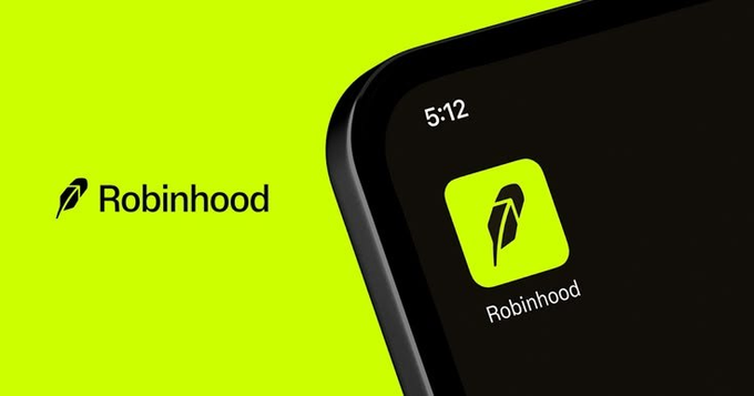 A smartphone displays the Robinhood app icon against a bright lime green background featuring the Robinhood logo and feather symbol.