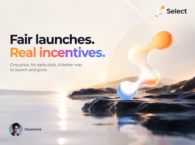 A promotional graphic for 'Select' features the tagline 'Fair launches. Real incentives.' with a colorful 3D molecule-like object on a rocky shore.