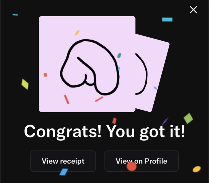 A confirmation screen displays "Congrats! You got it!" with a line-drawn cartoon butt illustration on pink cards amid confetti, alongside "View receipt" and "View on Profile" buttons—celebrating a successful mint of a MansChads NFT.