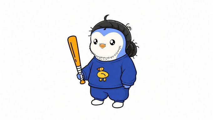 A cute cartoon penguin wearing a black cap and blue sweater with a yellow duck design holds an orange baseball bat, appearing ready to take a swing. The image humorously ties into the post about wanting to "dump" Bitcoin's price to $46k, portraying the poster as the penguin batter eager to take a swing at crashing BTC after Michael Saylor's sell-off.