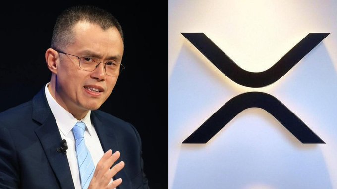 The image is a split composition: on the left, a man in a dark suit, white shirt, and light blue tie with glasses is speaking (appearing to be a crypto executive or commentator); on the right, the black XRP logo is displayed prominently against a light background. The image relates to the post by visually highlighting $XRP alongside a figure commenting on a massive 551 million XRP withdrawal from the Binance exchange, suggesting significant market movement.