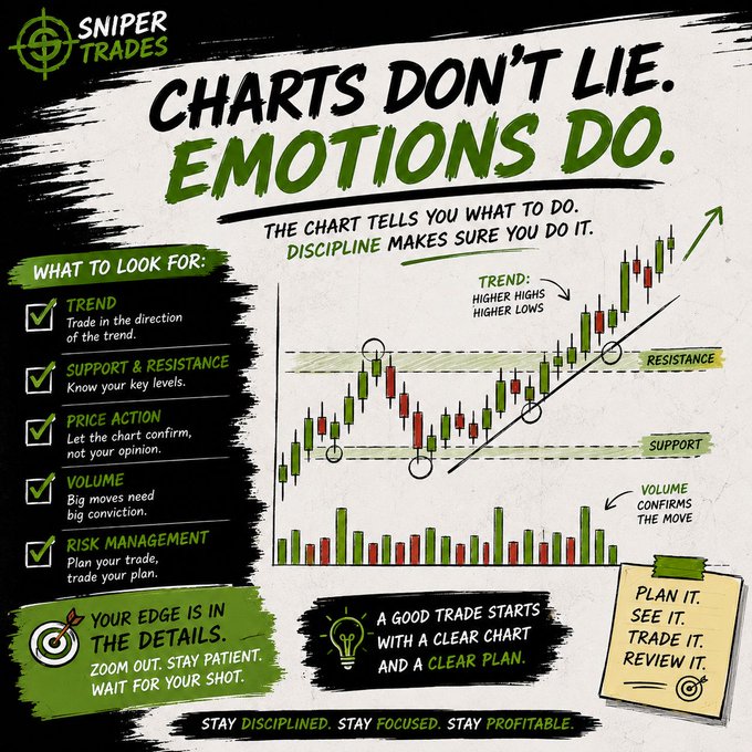 An infographic titled 'CHARTS DON'T LIE. EMOTIONS DO.' from Sniper Trades illustrates key trading principles—Trend, Support & Resistance, Price Action, Volume, and Risk Management—alongside a sample candlestick chart demonstrating higher highs and lows between support and resistance levels.