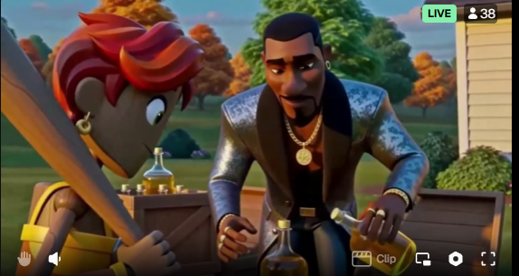 A screenshot from a YouTube livestream showing 3D animated characters—a man in a gray jacket with a gold chain and a figure with red hair—sitting at a table outdoors with bottles.