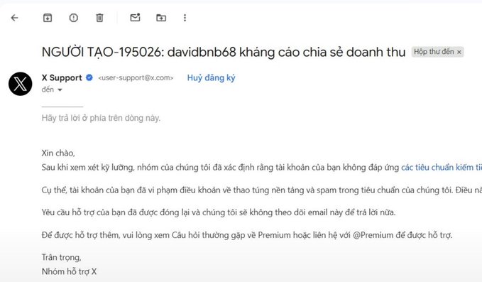 An email from X Support (user-support@ix.com) in Vietnamese notifying user 'davidbnb68' that their account has been suspended for spam violations and revenue sharing.