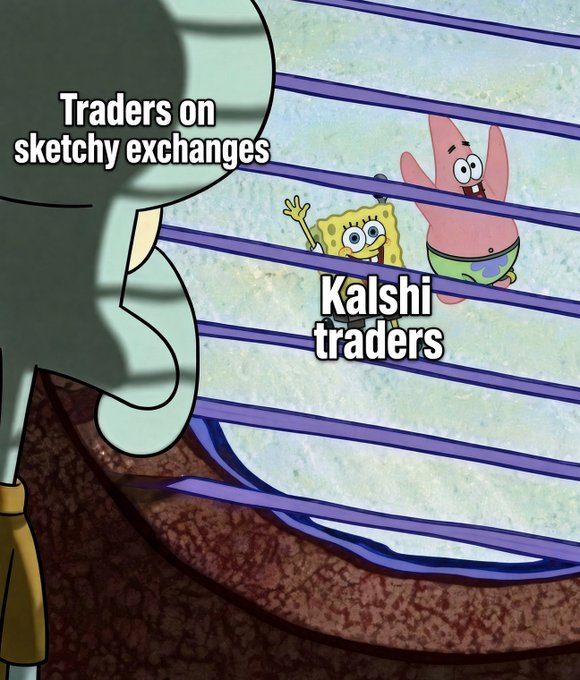 A SpongeBob SquarePants meme shows Squidward peeking through blinds at SpongeBob and Patrick waving cheerfully, with text labeling the observer as "Traders on sketchy exchanges" and the enthusiastic pair as "Kalshi traders." The image humorously illustrates the post's message, contrasting the wary behavior of users on unregulated offshore exchanges with the welcoming, legal alternative offered by Kalshi for crypto perpetuals trading.