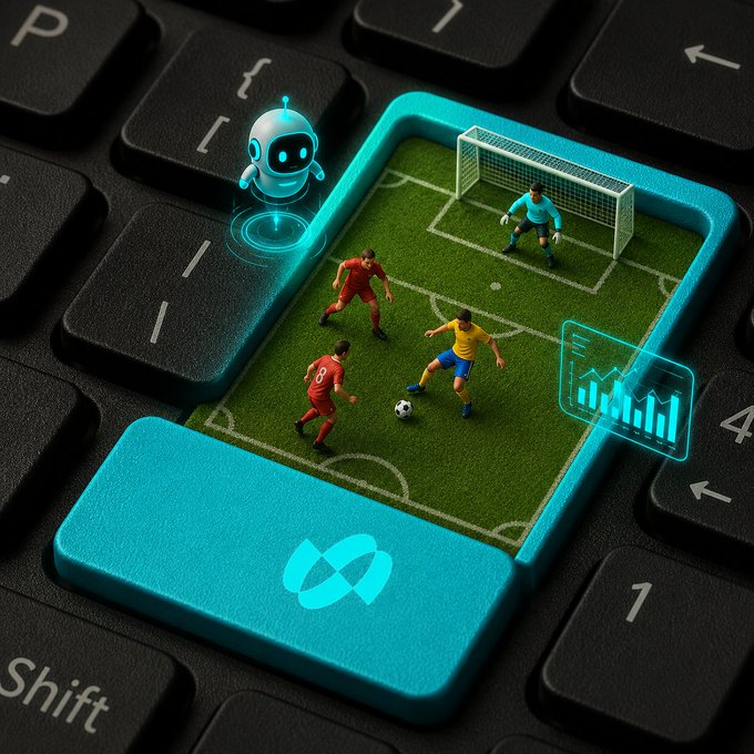 A miniature soccer match and a small white-and-blue AI robot are displayed on a glowing teal keyboard key marked with an infinity symbol, alongside a floating data analytics chart. The scene visualizes BitradeX AiBot's hands-off, algorithmic strategy—highlighting how "one click" sets the bot in motion to handle trading decisions for you, just like an automated game plan.

Visible text includes: "P", "[ ]", "1", "4", "Shift", and the infinity (∞) symbol on the teal key.