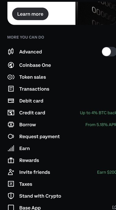 A cropped screenshot of the Coinbase mobile app's menu showing a "More You Can Do" section with options like Advanced, Coinbase One, Token sales, Transactions, Debit card, Credit card (Up to 4% BTC back), Borrow (From 5.18% APR), Request payment, Earn, Rewards (Earn $200), Invite friends, Taxes, and Stand with Crypto. The image illustrates the post's criticism of the app's sloppy UI, as multiple menu items display truncated text and poorly aligned promotional notes spilling off-screen on the right side.