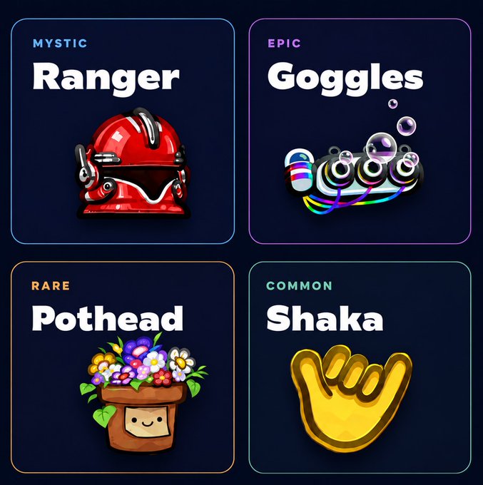 Four limited Accessories are displayed in a rarity grid: "MYSTIC Ranger" (red helmet), "EPIC Goggles" (rainbow visor with bubbles), "RARE Pothead" (smiling flower pot), and "COMMON Shaka" (gold hang-loose hand), which players could earn by finishing high on the Axie Pin Drop leaderboard.
