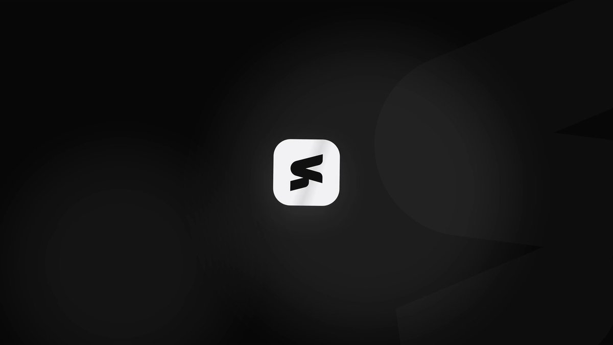 A minimalist graphic displaying a stylized white 'S' logo inside a rounded square, centered against a dark, glossy black background with subtle curved light reflections.