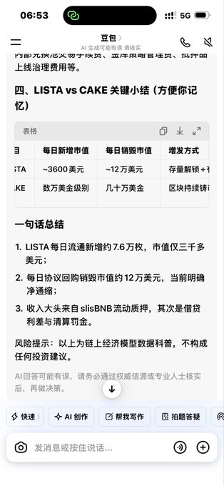 A screenshot of a Chinese AI chatbot (豆包/Doubao) provides crypto data comparing $LISTA and $CAKE tokens, with visible text claiming "LISTA 每日新增市值~3600美元" and suggesting the post author realized the AI's figures were unreliable after being called out by others citing DefiLlama data showing much lower daily revenue of 5,000u.