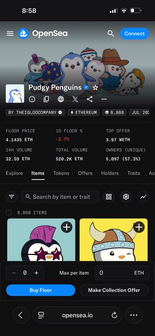 Screenshot of OpenSea showing the Pudgy Penguins NFT collection with a floor price of 4.1435 ETH, 8,888 items, and 32.59 ETH 24h volume.