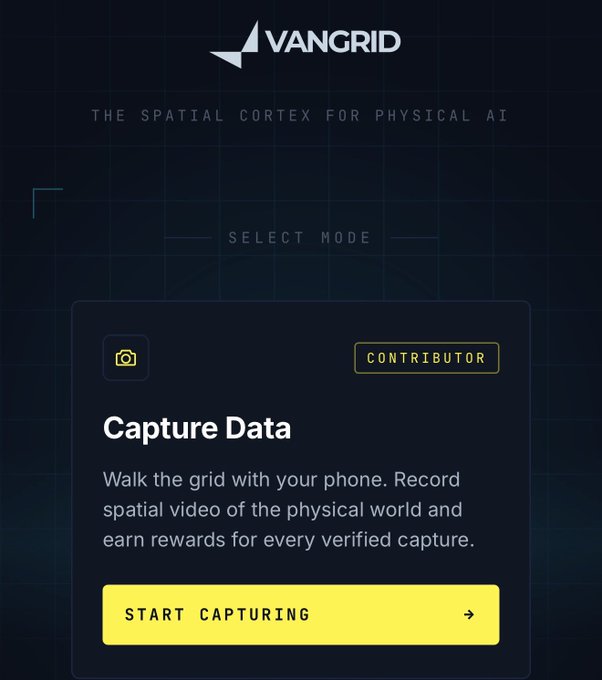 A dark-themed app interface for VANGRID, described as 'THE SPATIAL CORTEX FOR PHYSICAL AI,' showing a 'Capture Data' mode for contributors to record spatial video and earn rewards, with a yellow 'START CAPTURING' button.
