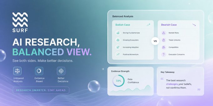 A promotional graphic for Surf AI featuring the tagline "AI RESEARCH, BALANCED VIEW" with the subtitle "See both sides. Make better decisions." The dashboard mockup displays a "Balanced Analysis" section comparing a Bullish Case (Strong Fundamentals, Growing Ecosystem, Increasing Adoption, Positive Momentum) against a Bearish Case (Market Risks, Token Unlocks, Competition, Execution Concerns), alongside an Evidence Strength metric showing 72% Data Confidence and a Key Takeaway stating "The best research challenges your beliefs, not confirms them." The image visually reinforces the post's theme of using Surf AI to evaluate both bull and bear perspectives on $SUI rather than seeking confirmation bias.
